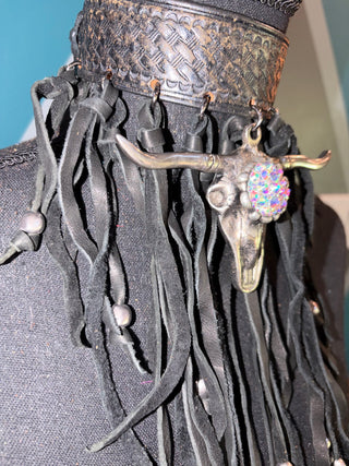 Bejeweled Bull Leather Fringe Handmade Choker - The Vault by Sacha