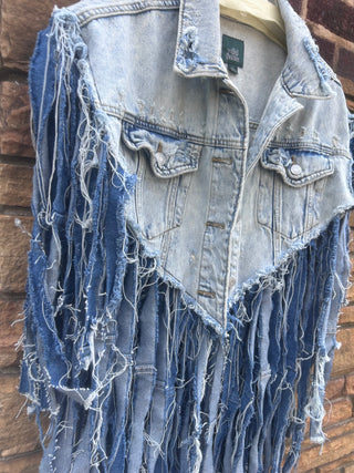 Custom Light Lone Star Distressed Denim Fringe Poncho - The Vault by Sacha