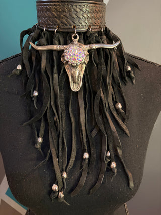 Bejeweled Bull Leather Fringe Handmade Choker - The Vault by Sacha