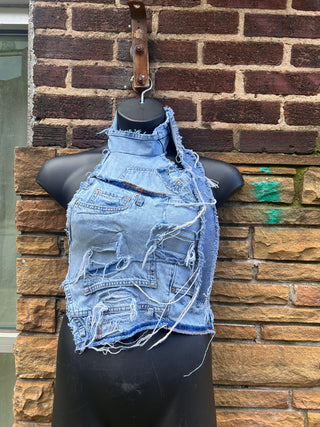 Light Wash Custom Distressed Halter | Size S/M - The Vault by Sacha
