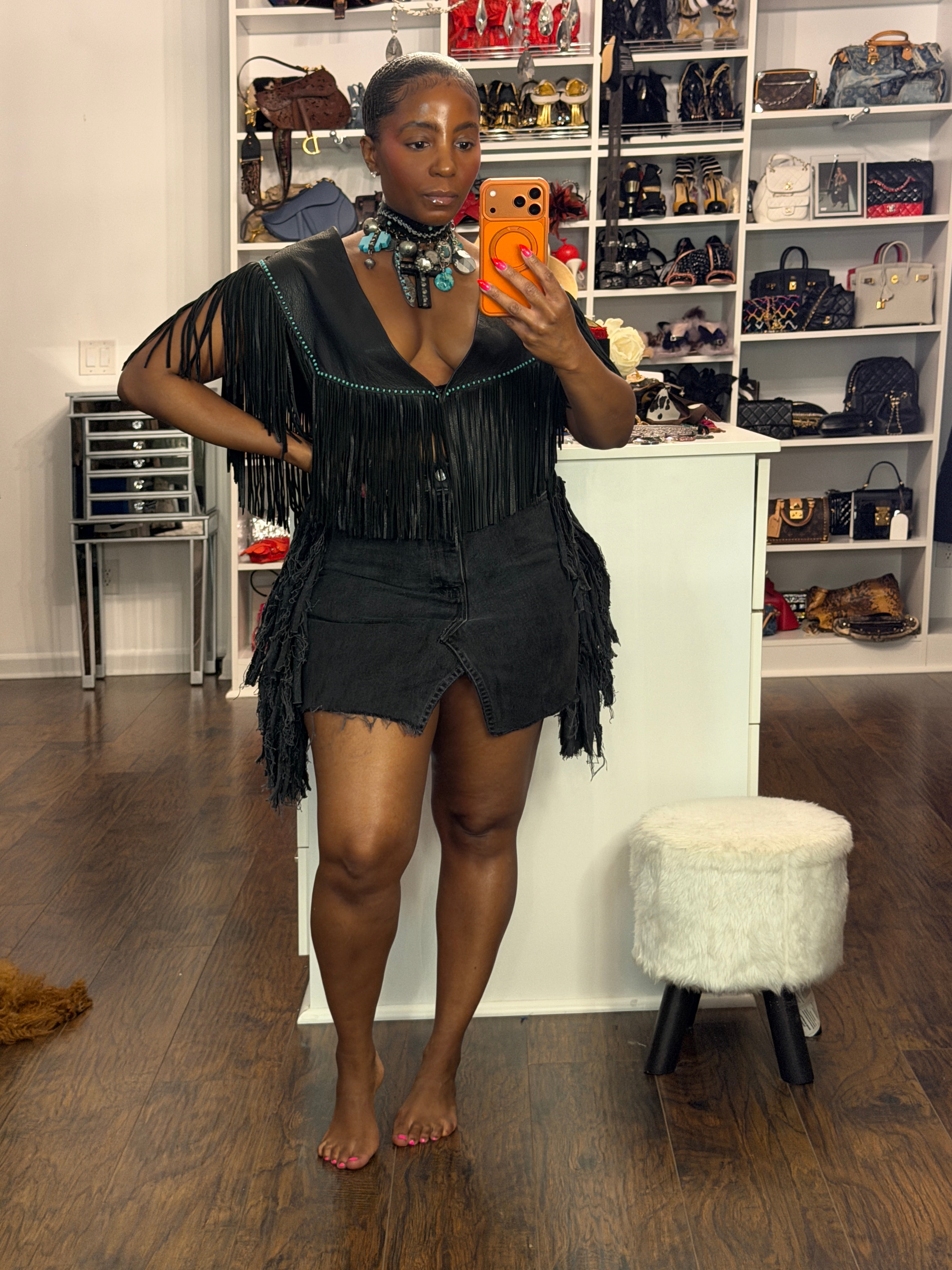 Leather fringe w/Turquoise beading