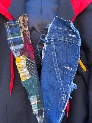 Custom Red Hoodie Patchwork Denim/Plaid