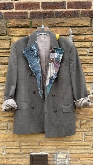 Custom Denim + Plaid Patchwork Yellow Hoodie Blazer