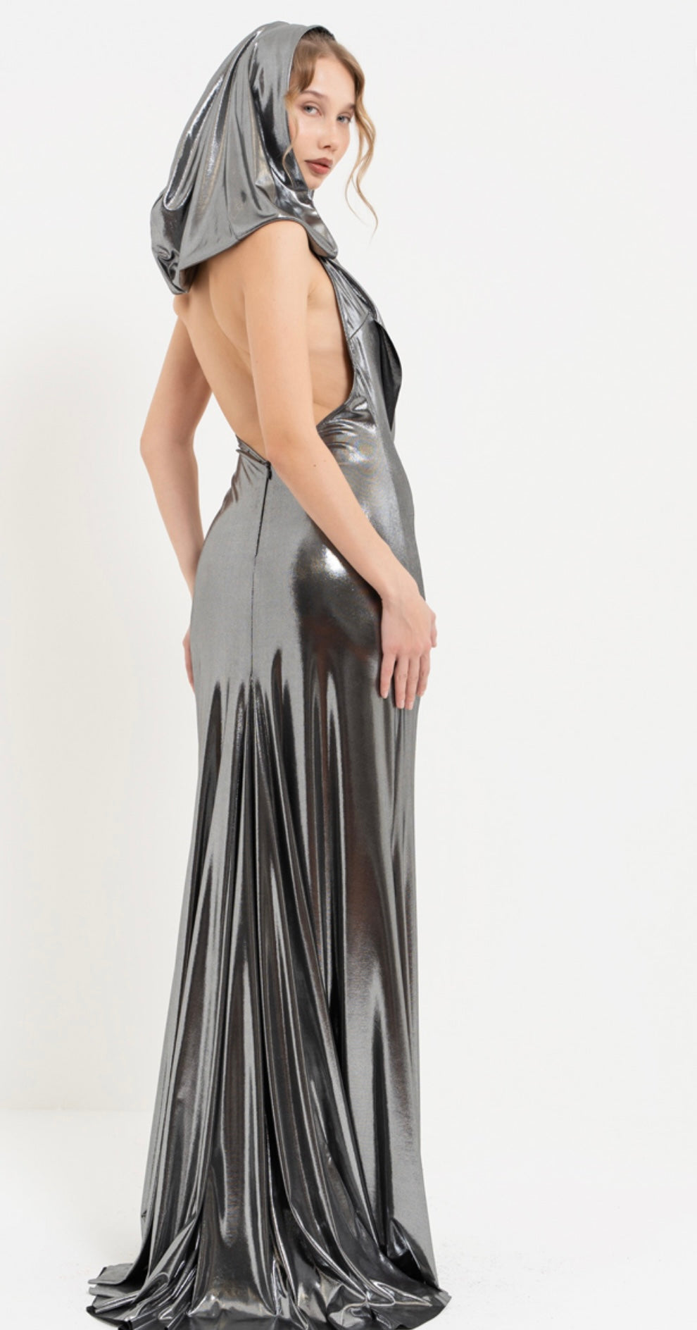 Gunmetal Metallic Hooded Dress - The Vault by Sacha