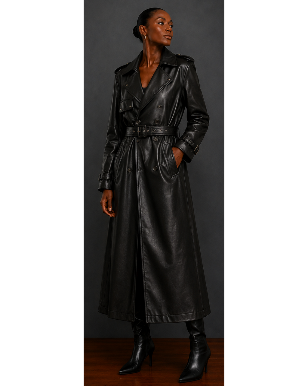 Front view of woman wearing a black leather trench coat against a gray background