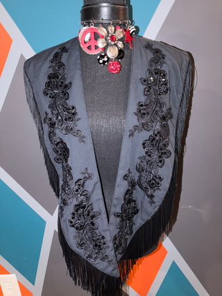Black Lace Embroidered Fringe Poncho