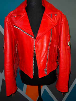 Red Genuine Leather Fringe Jacket