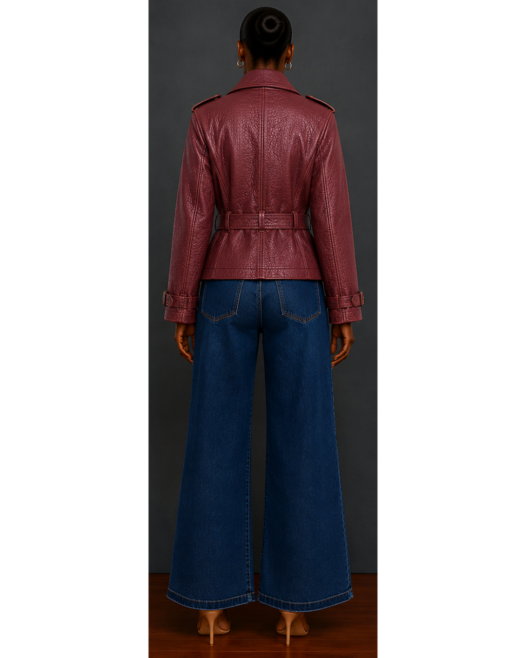Person wearing a burgundy leather jacket and blue jeans against a gray background