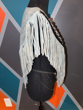 Blue Suede Beaded Fringe Poncho