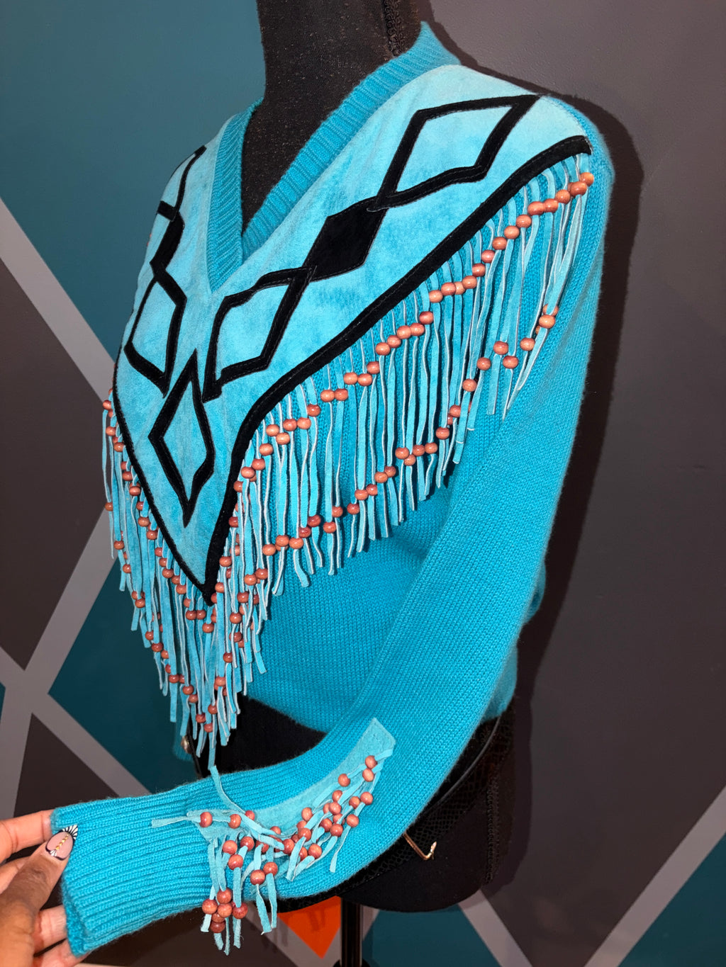 Teal & Black Diamond Print Fringe Beads Suede Sweater - The Vault by Sacha