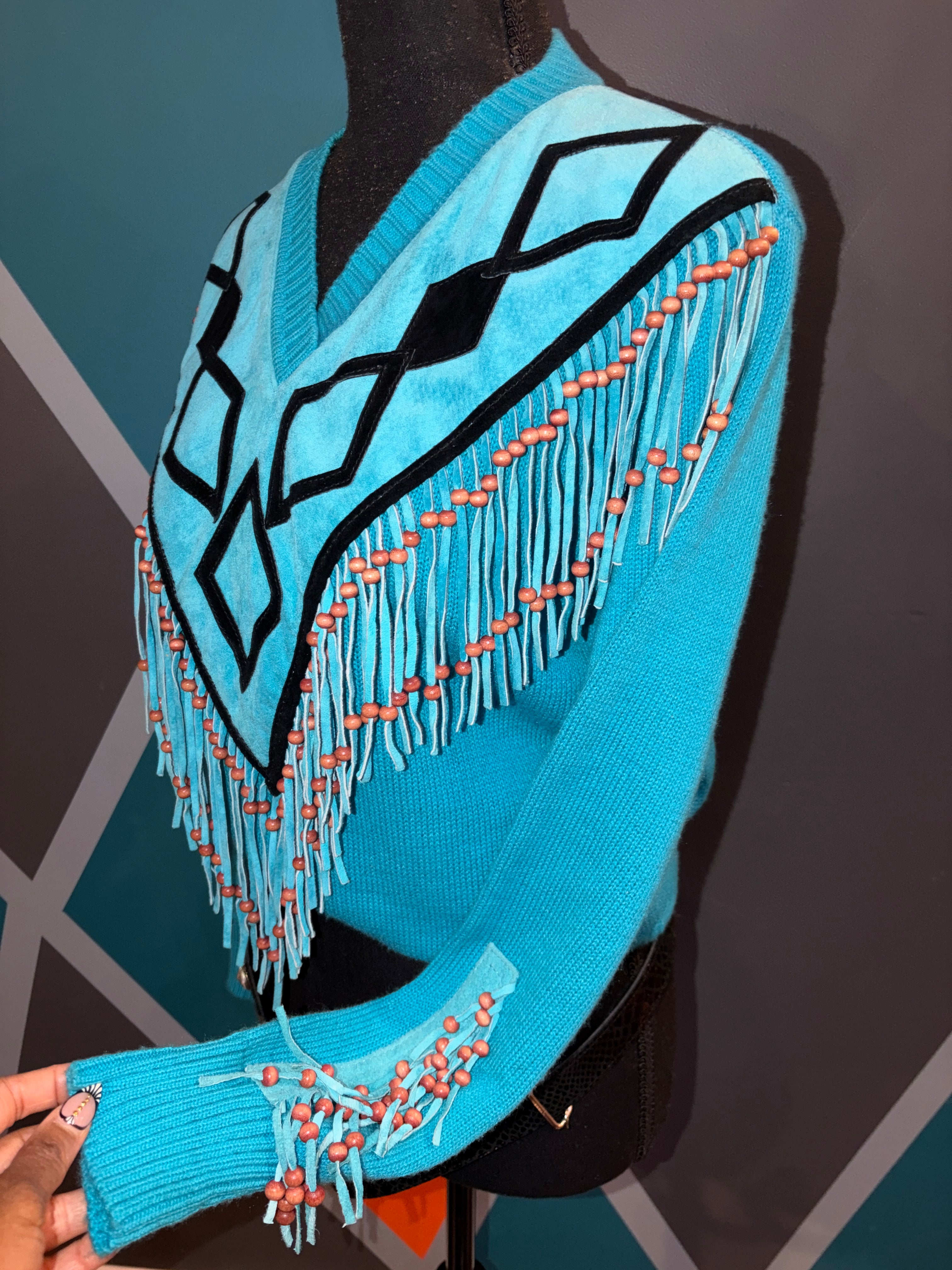 Teal & Black Diamond Print Fringe Beads Suede Sweater - The Vault by Sacha