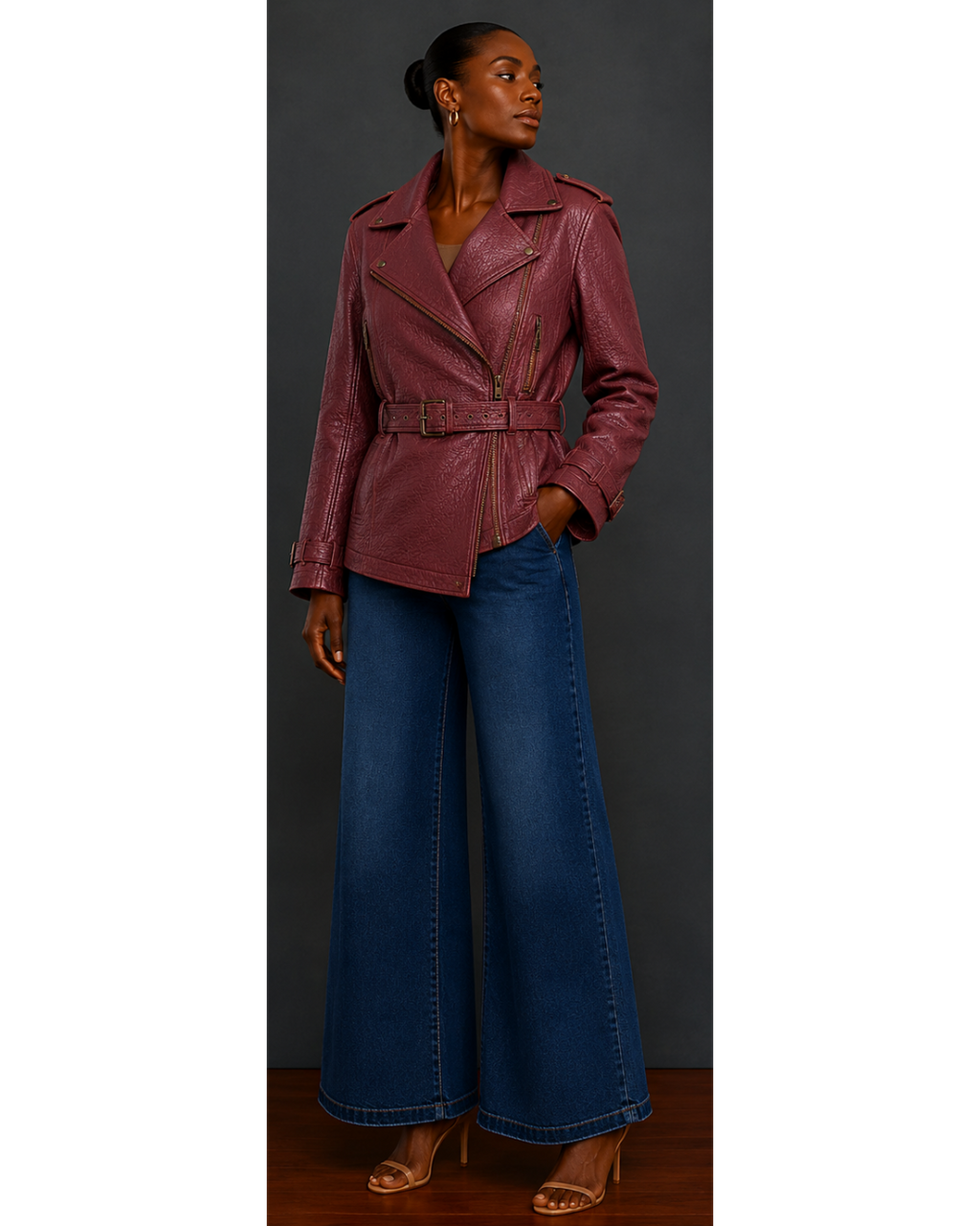 Woman wearing a burgundy leather jacket and blue jeans against a gray background