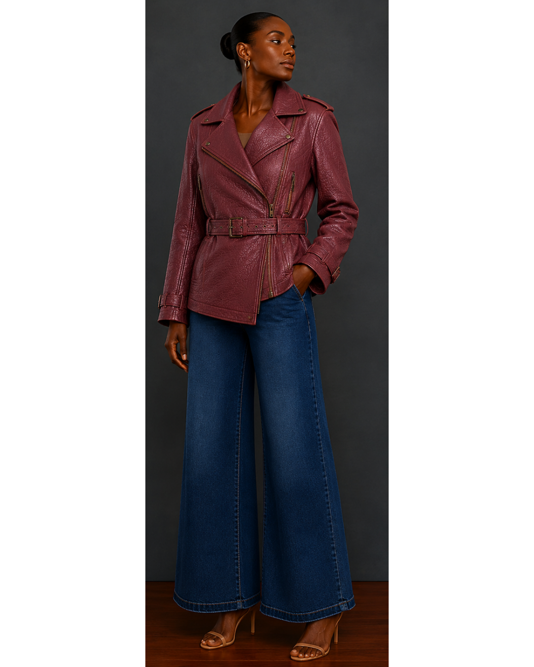 Woman wearing a burgundy leather jacket and blue jeans against a gray background
