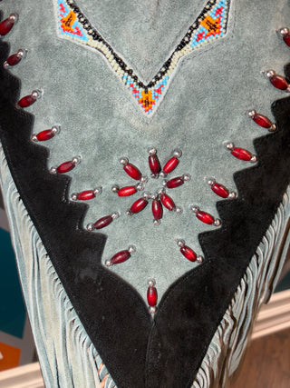 Blue Suede Beaded Fringe Poncho