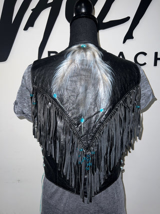 Hand Painted Beaded Fringe Leather Vest | L