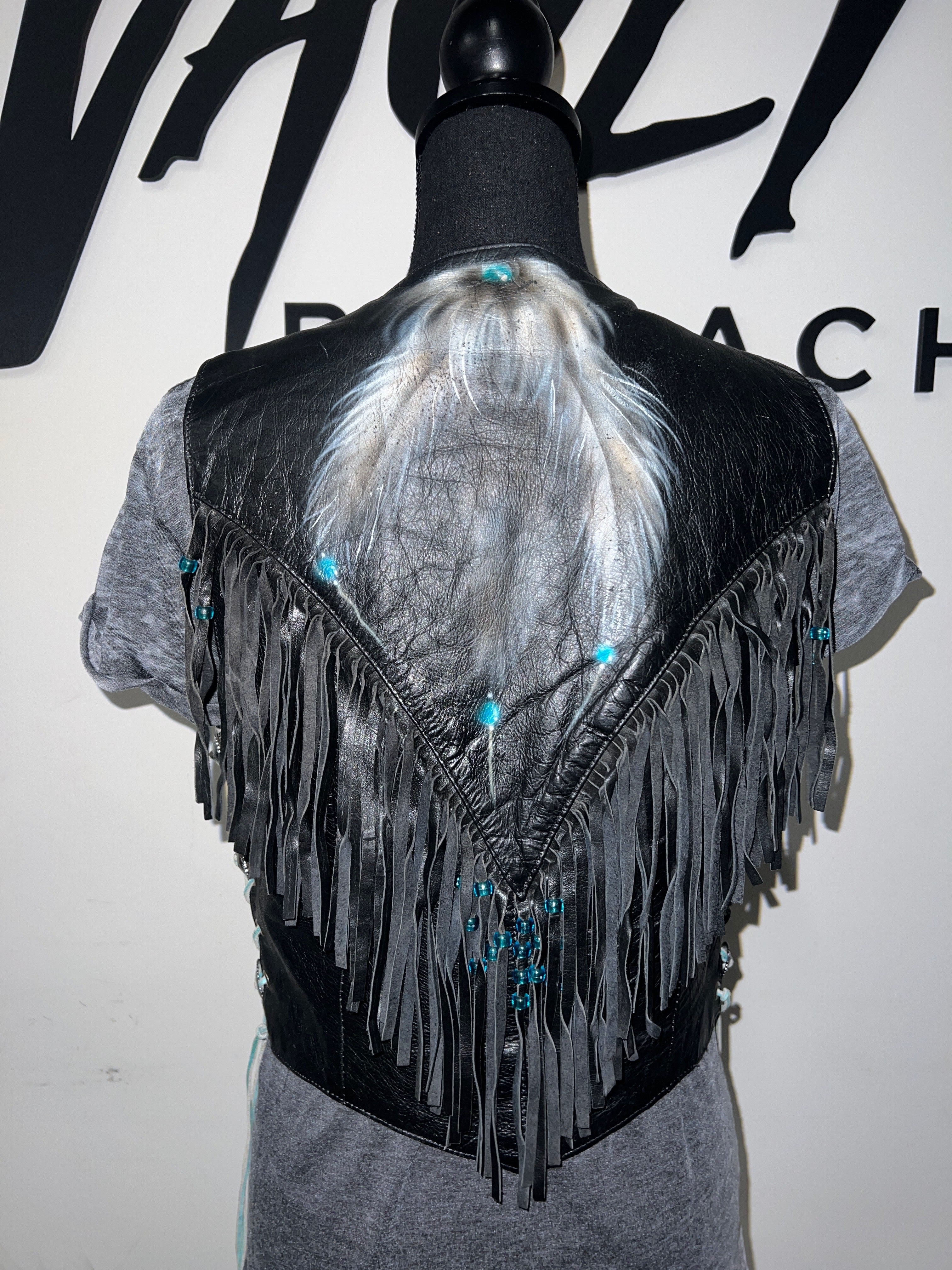 Hand Painted Beaded Fringe Leather Vest | L - The Vault by Sacha