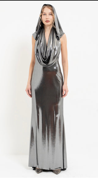Gunmetal Metallic Hooded Dress