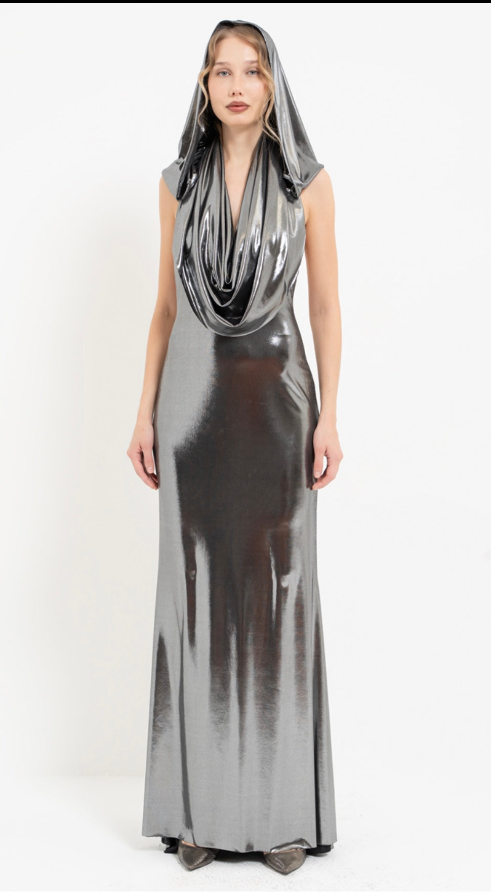 Gunmetal Metallic Hooded Dress - The Vault by Sacha