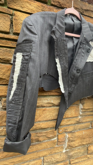 Custom Gray Pinstripe Patchwork Crop Blazer