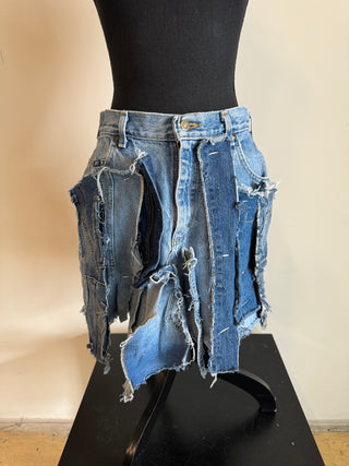 Custom Fringe Patchwork Denim Skirt