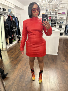 Red leather mini dress with pockets