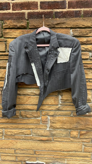 Custom Gray Pinstripe Patchwork Crop Blazer