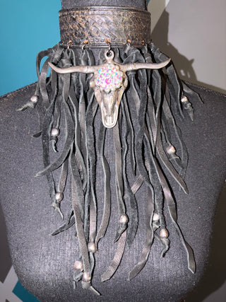 Bejeweled Bull Leather Fringe Handmade Choker - The Vault by Sacha