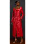 Red leather moto style trench coat dress worn by a model on a gray background
