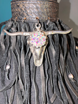 Bejeweled Bull Leather Fringe Handmade Choker - The Vault by Sacha