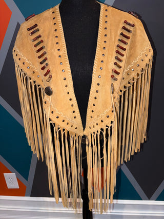 Suede Beaded Leather Fringe Poncho