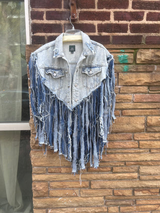 Custom Light Lone Star Distressed Denim Fringe Poncho