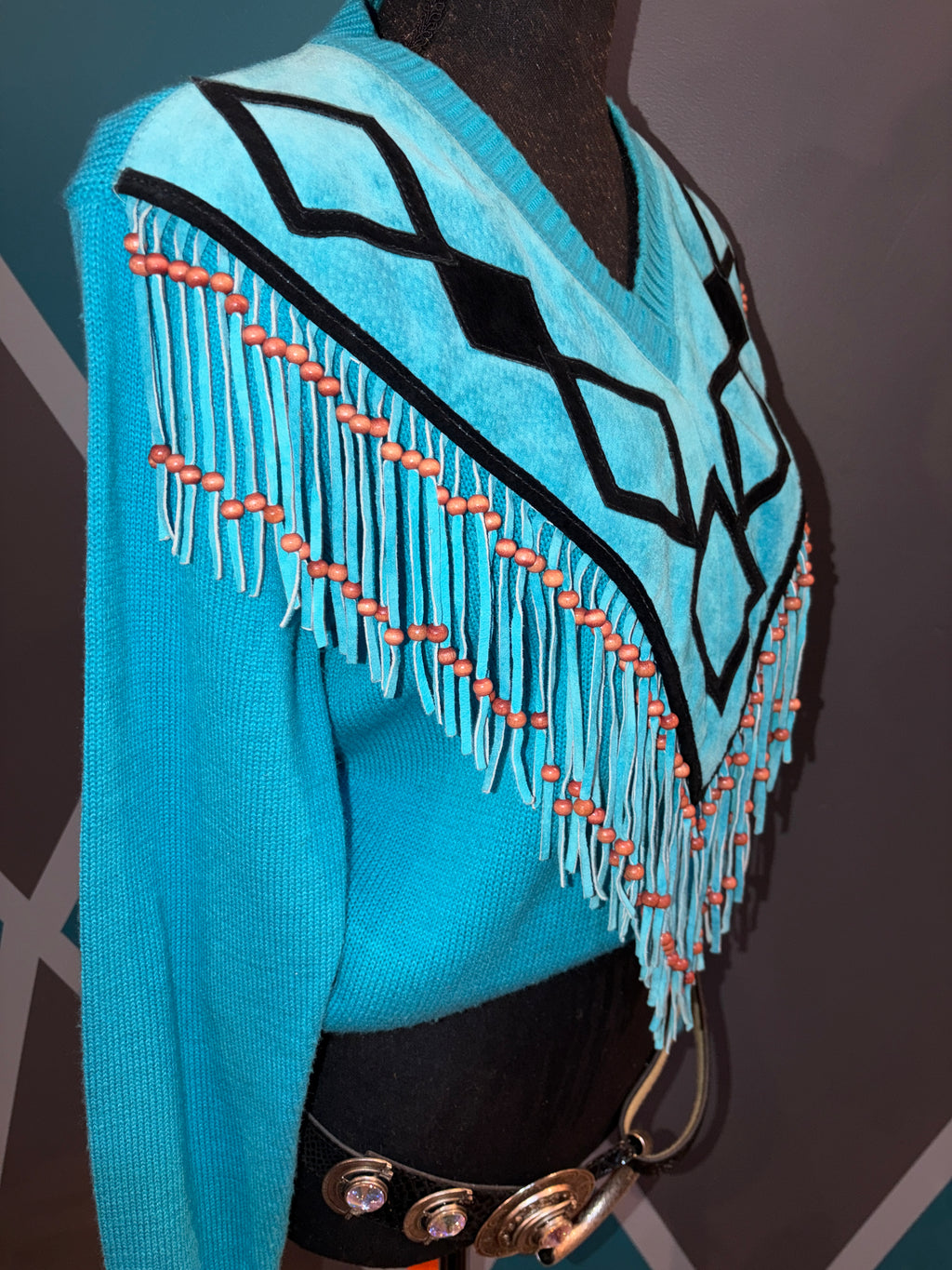 Teal & Black Diamond Print Fringe Beads Suede Sweater - The Vault by Sacha