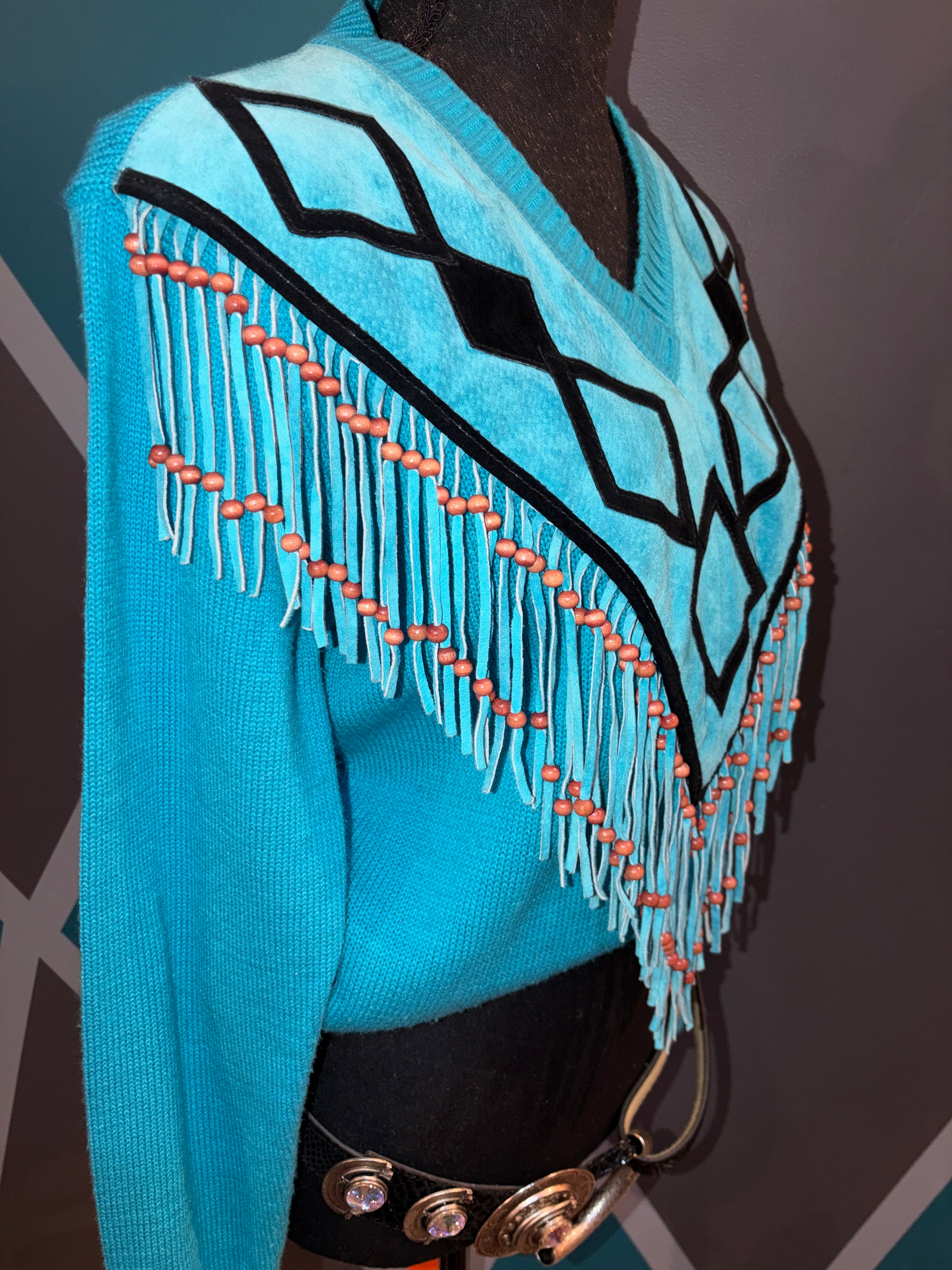 Teal & Black Diamond Print Fringe Beads Suede Sweater - The Vault by Sacha