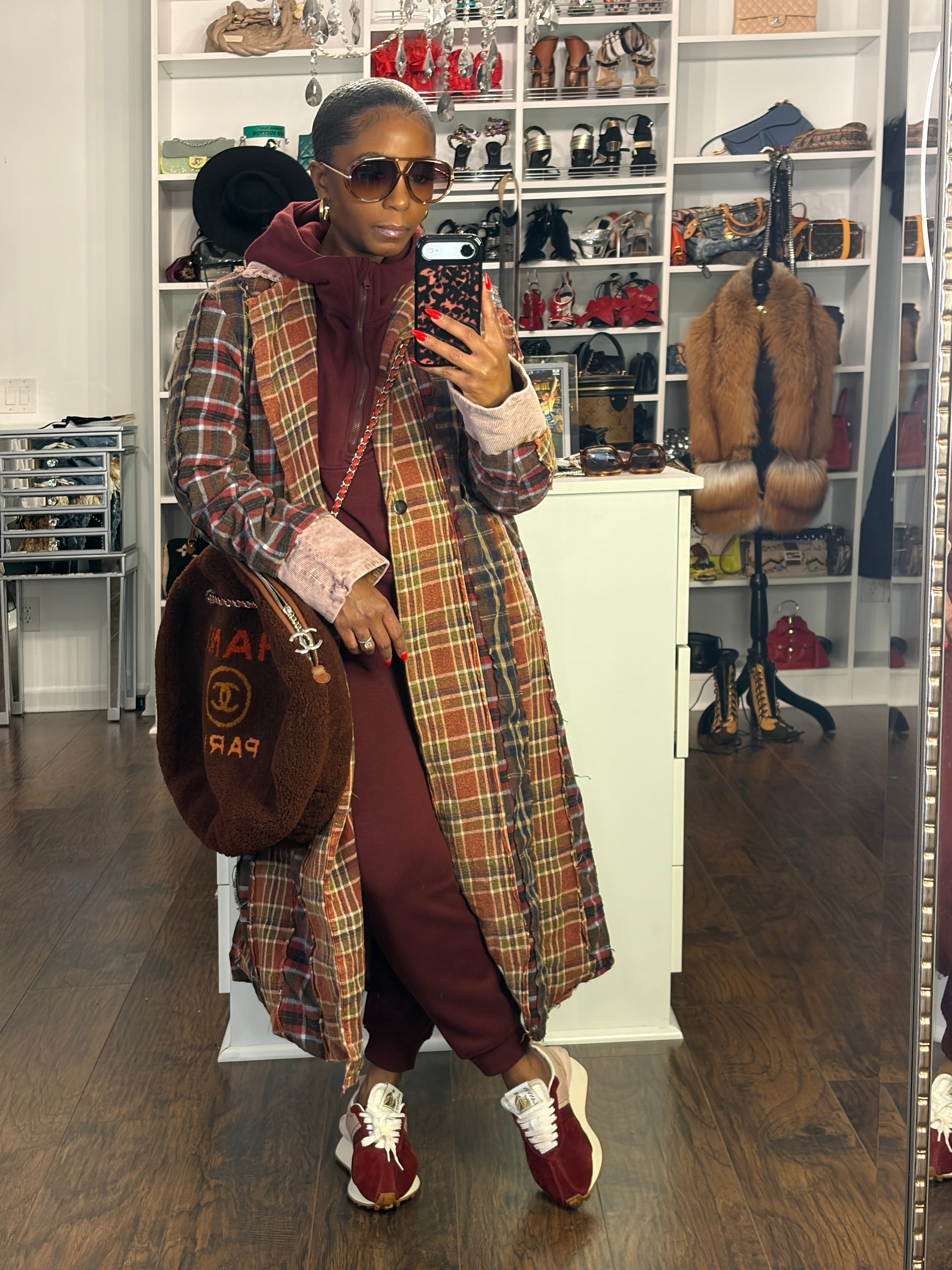 Rustic Revival Plaid Duster-Burgundy - The Vault by Sacha