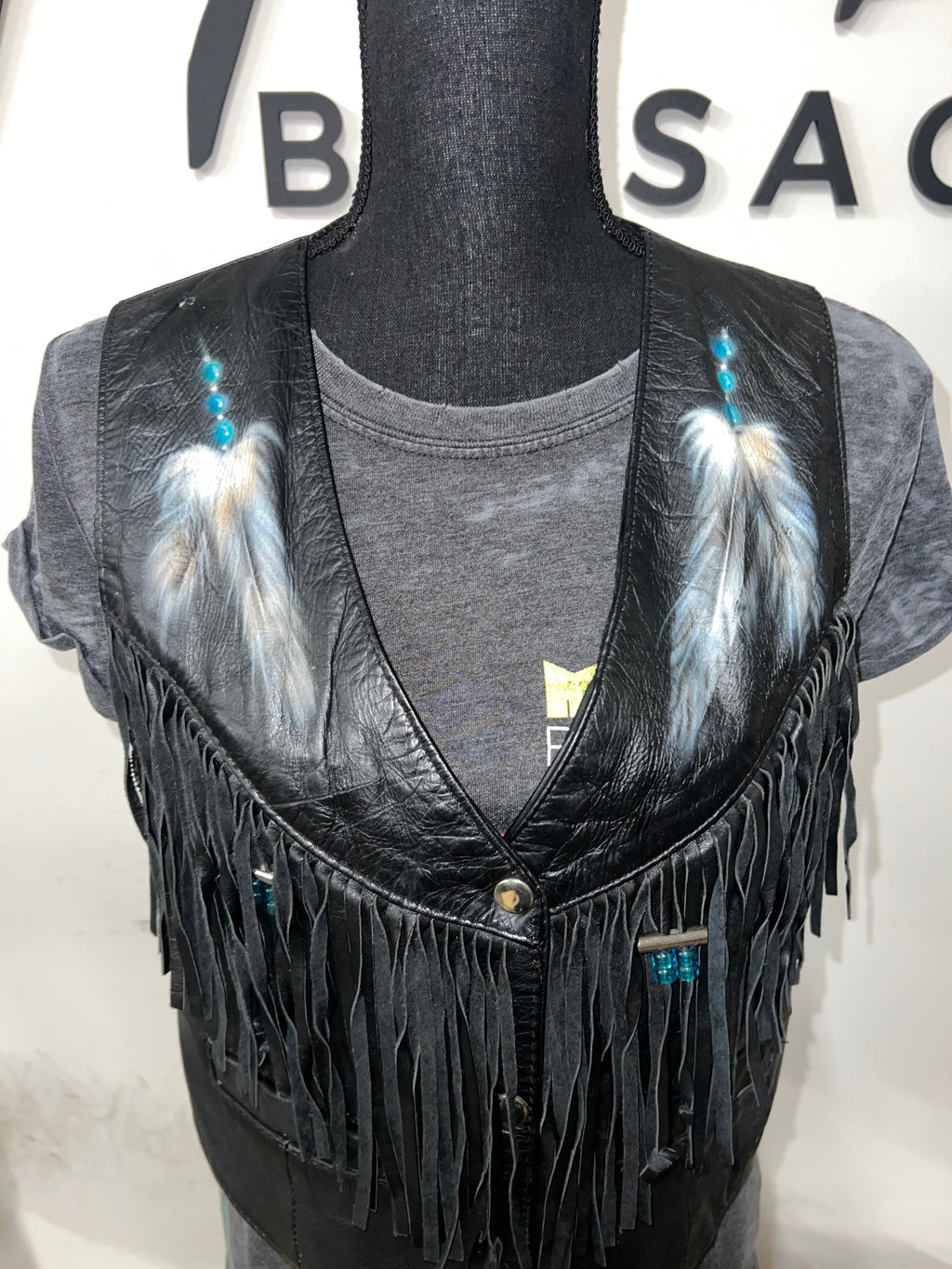 Hand Painted Beaded Fringe Leather Vest | L - The Vault by Sacha