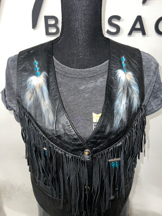 Hand Painted Beaded Fringe Leather Vest | L