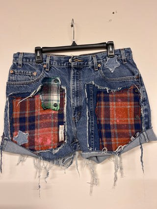 Custom Denim Orange Plaid Shorts | Size 36 (13/14)