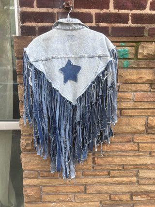 Custom Light Lone Star Distressed Denim Fringe Poncho