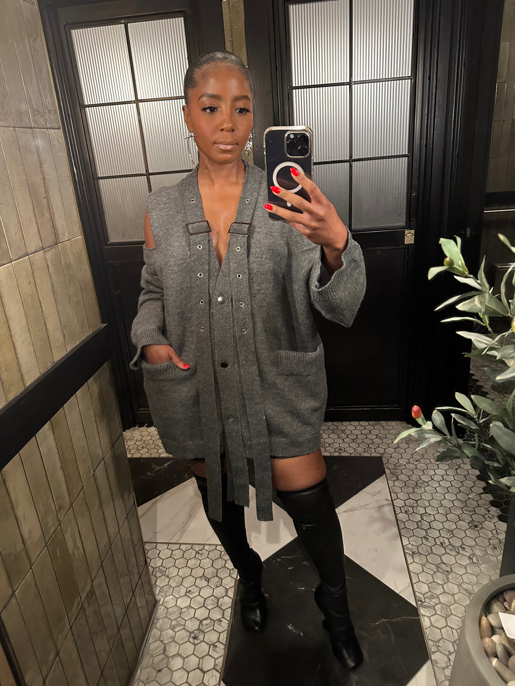 Grey Cold Shoulder Buckle Cardigan - The Vault by Sacha