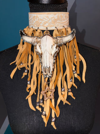 Bull Fossil Fringe Handmade Leather Choker