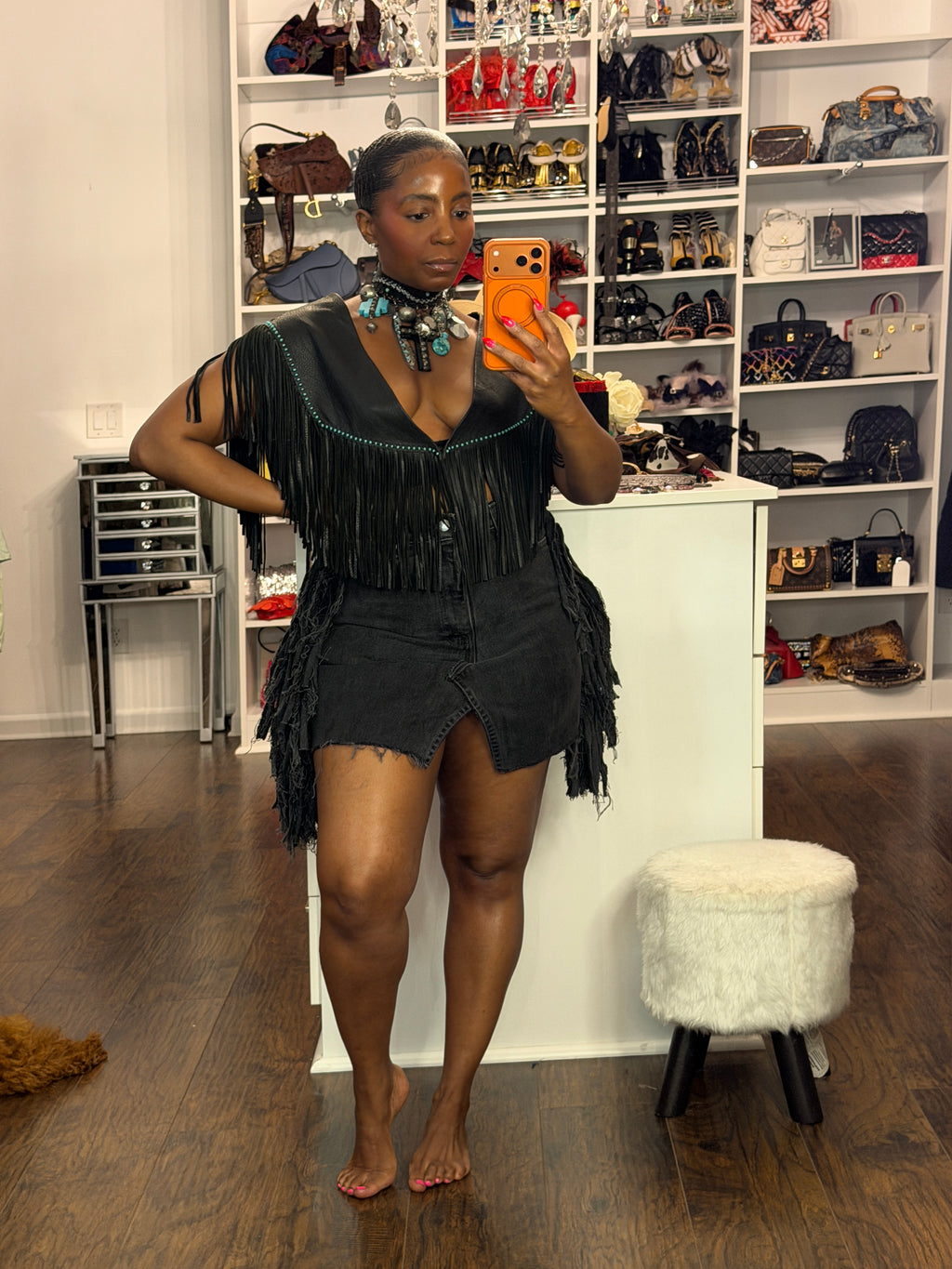 Leather fringe w/Turquoise beading