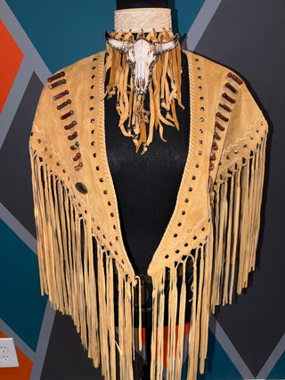 Suede Beaded Leather Fringe Poncho