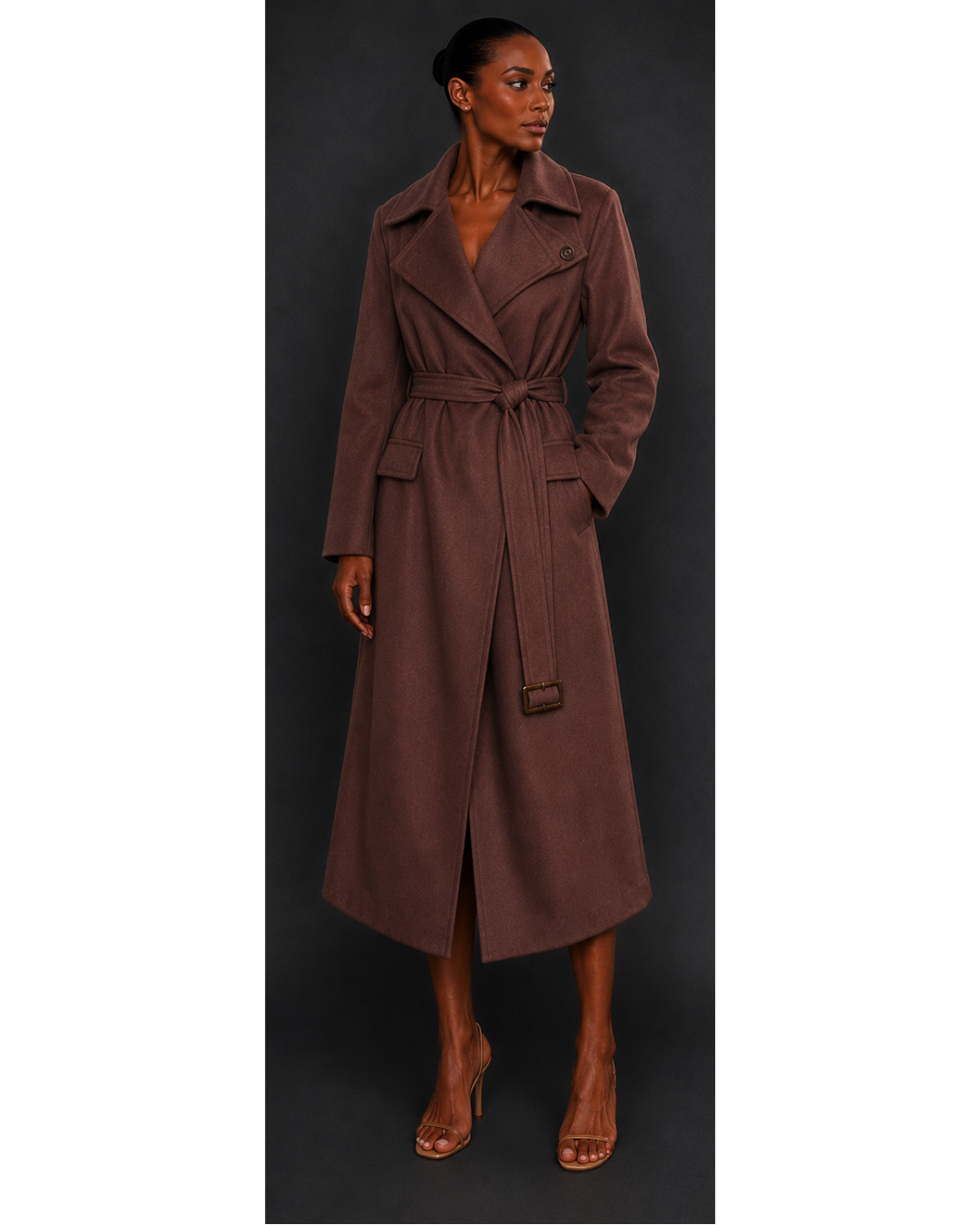 Woman wearing a brown trench coat against a dark background
