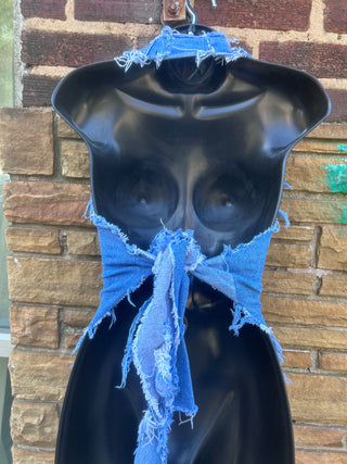 Custom Blue Distressed Halter Top