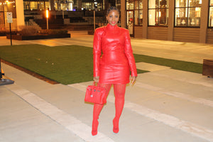 Red leather mini dress with pockets
