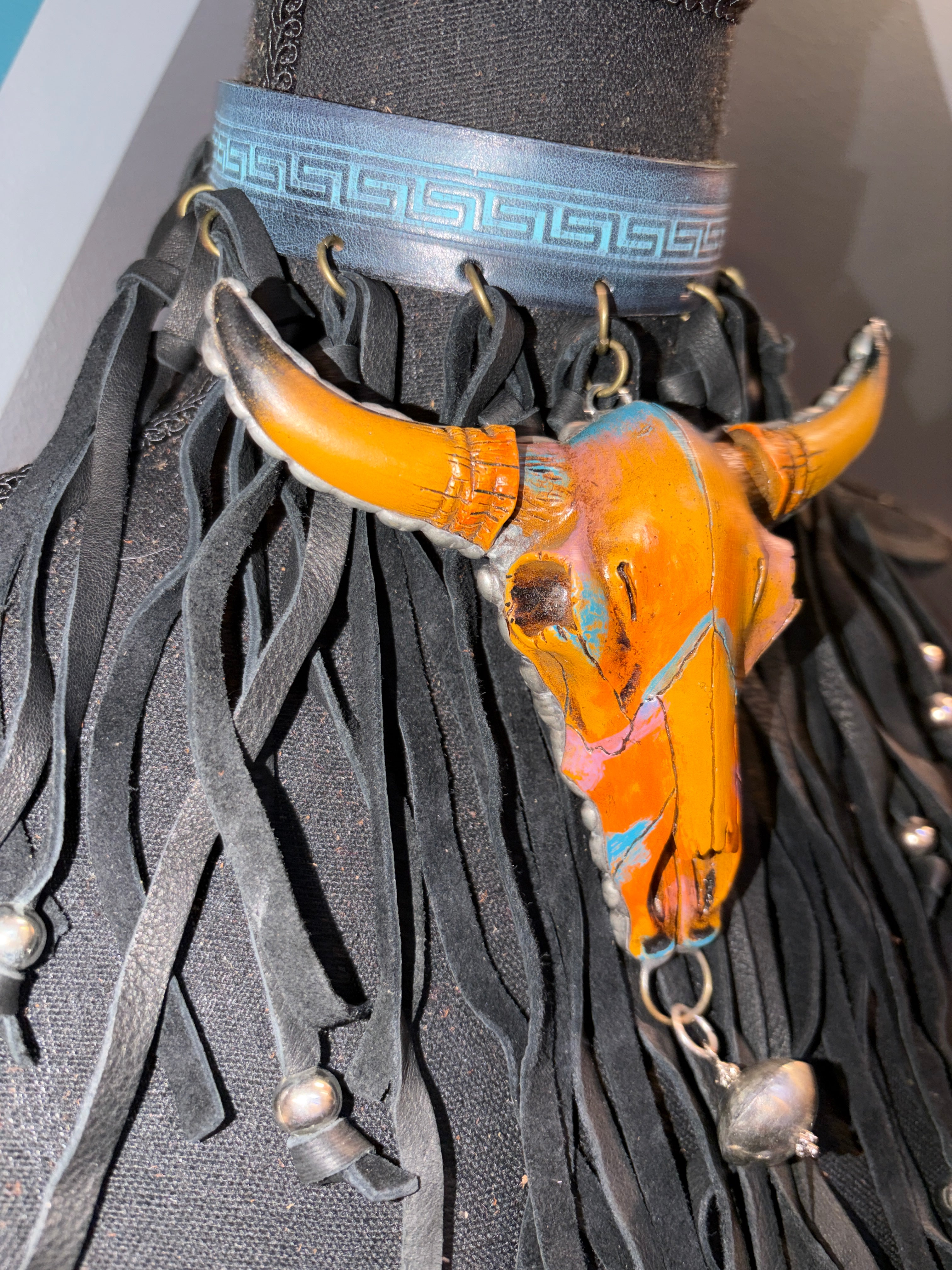 Buffalo Multi Color Skull & Black Fringe Handmade Leather Choker - The Vault by Sacha