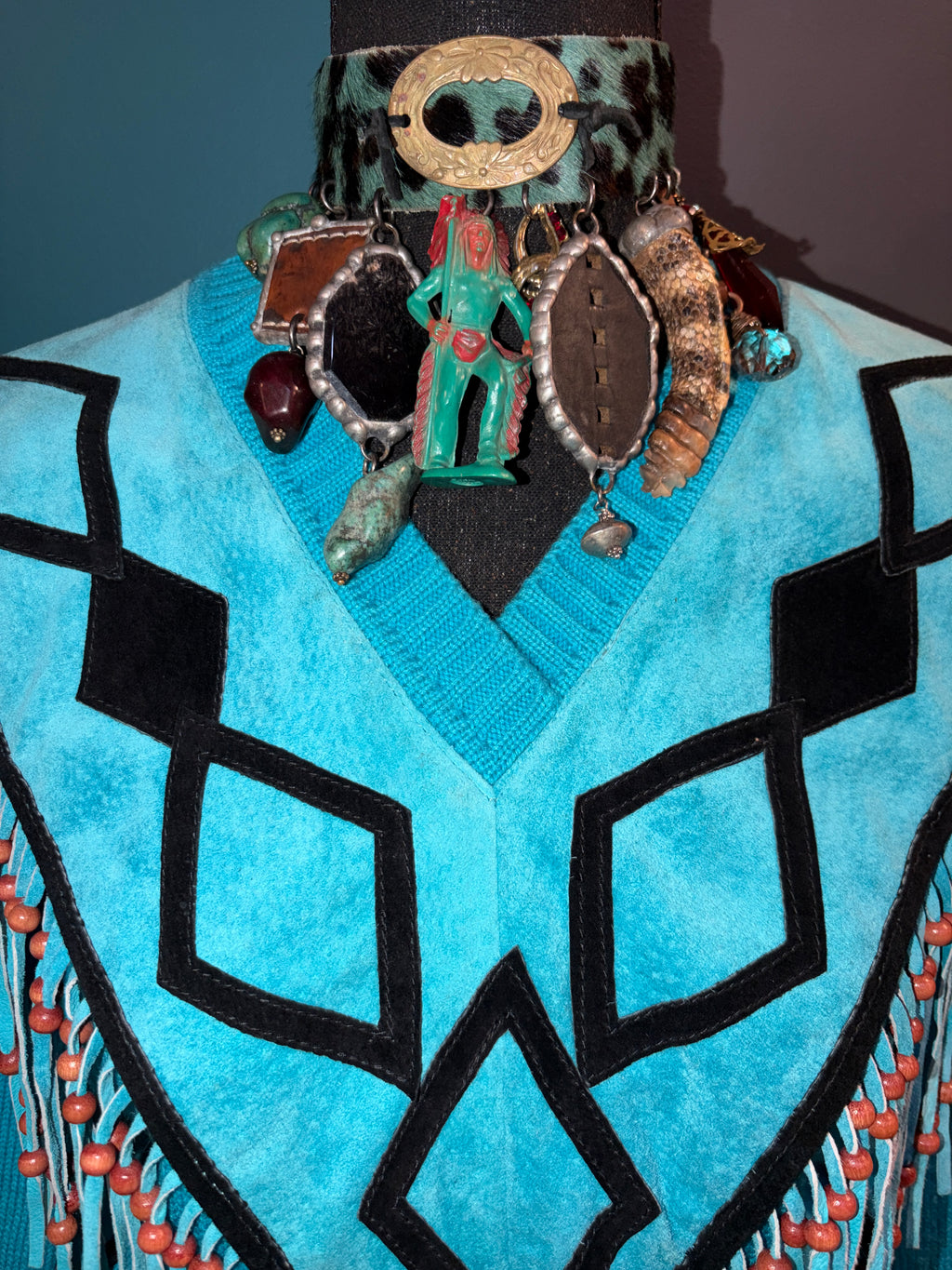 Teal & Black Diamond Print Fringe Beads Suede Sweater - The Vault by Sacha