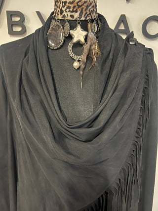 Suede Wrap Fringe Cardigan