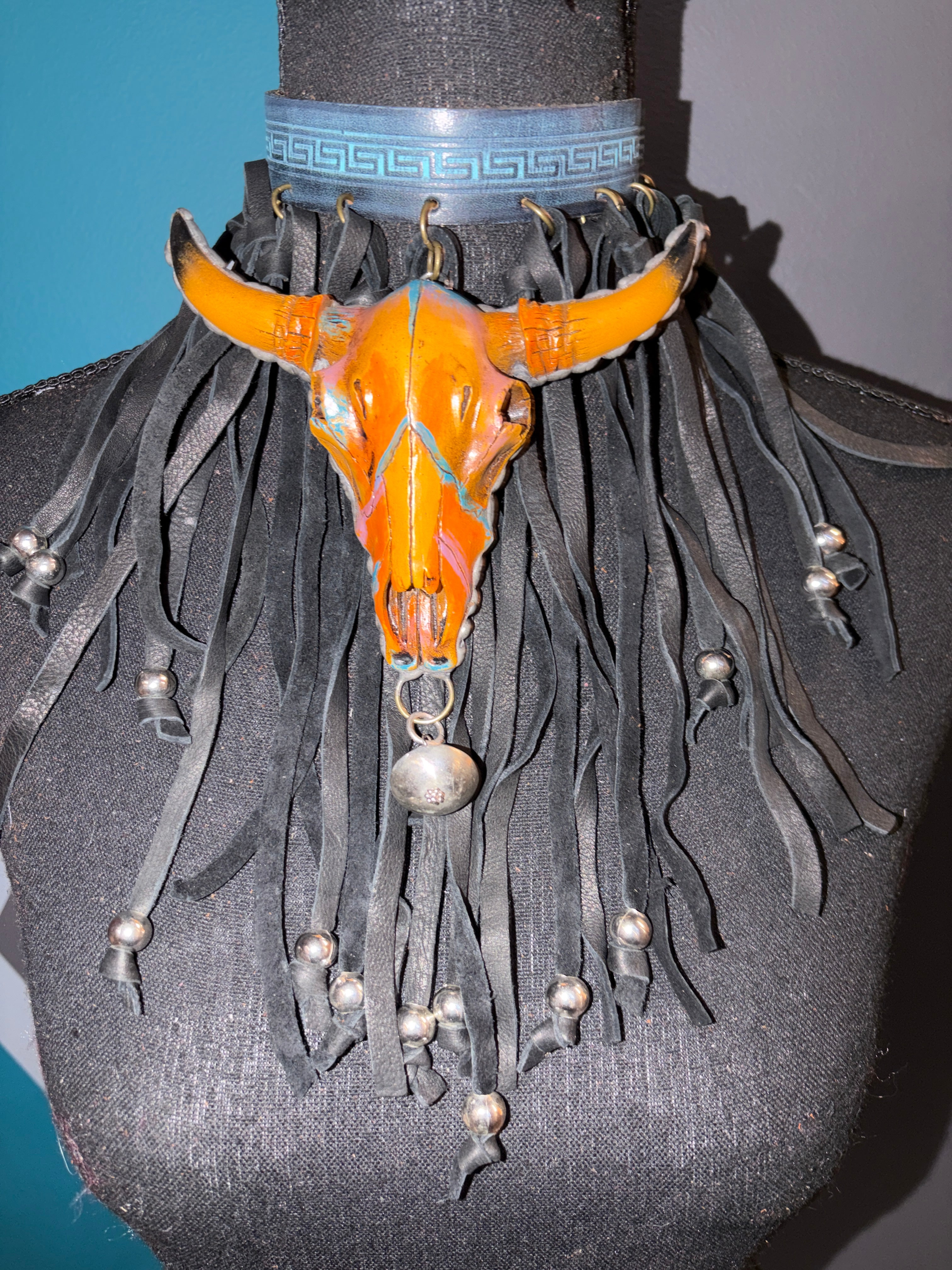 Buffalo Multi Color Skull & Black Fringe Handmade Leather Choker - The Vault by Sacha