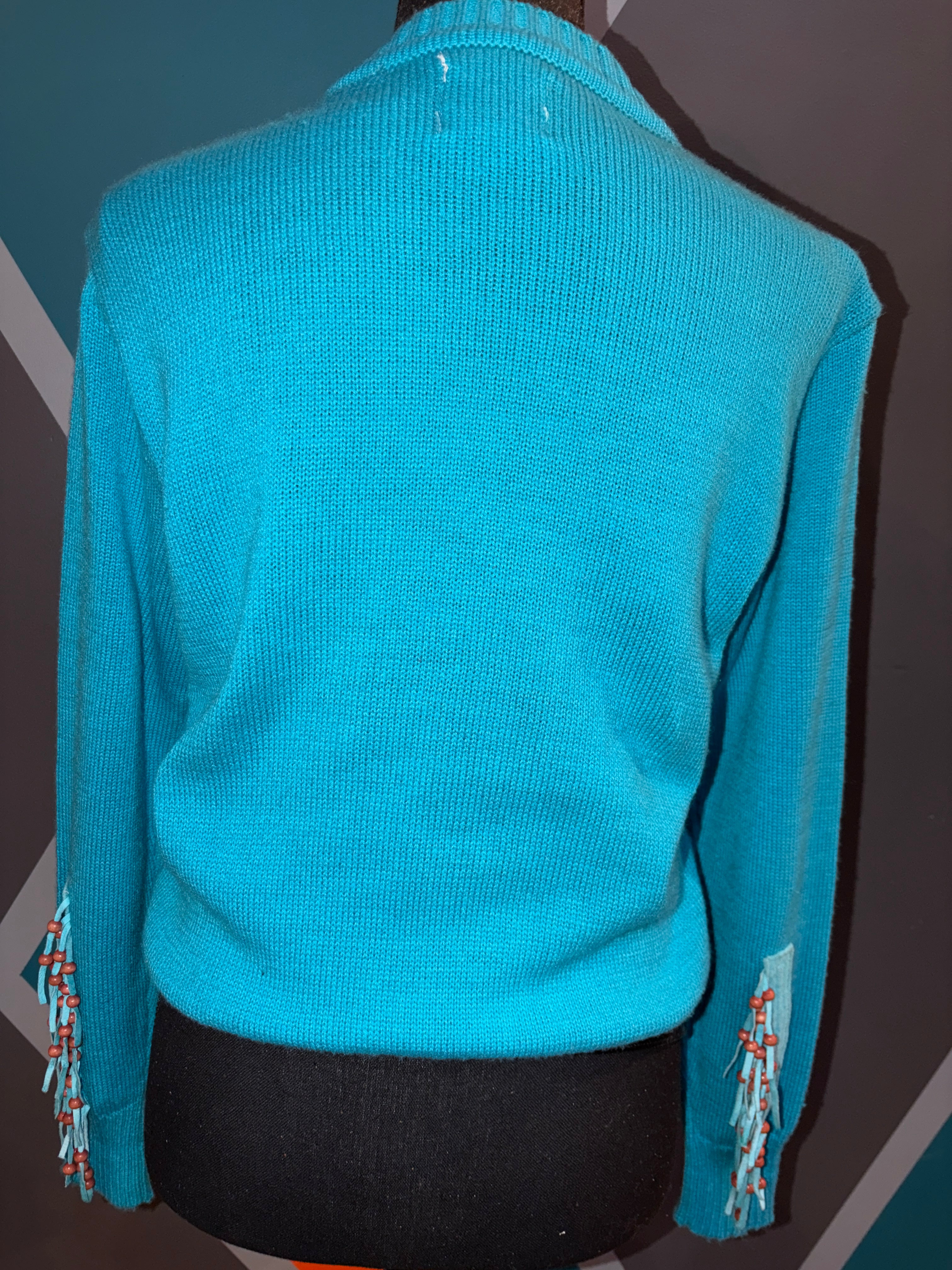 Teal & Black Diamond Print Fringe Beads Suede Sweater - The Vault by Sacha